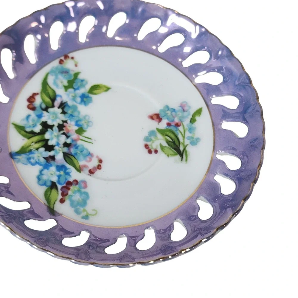 Vintage Footed Iridescent Purple Floral Teacup Saucer Set Reticulated Porcelain
